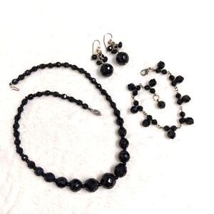Vintage 1990's Black Facetted Crystal Bead Choker w/ Bracelet & Pierced Earrings